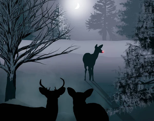 Cervos Selvagens São Vistos Noite Luar Neve Uma Cena Inverno — Fotografia de Stock