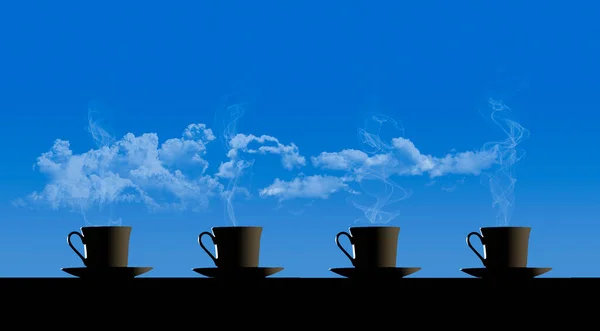 Four cups of coffee on the wooden table over blue sky and clouds