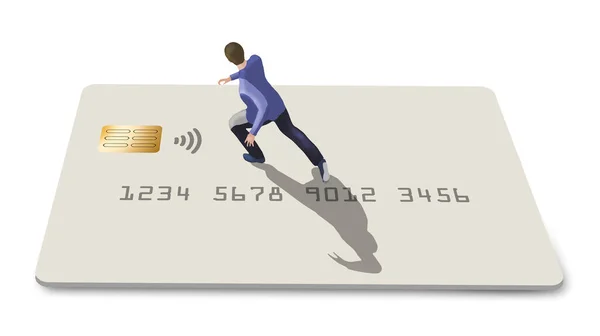 彼はこの3Dイラストでジョギングとして若い男がクレジットカードやデビットカードの上に実行されます — ストック写真