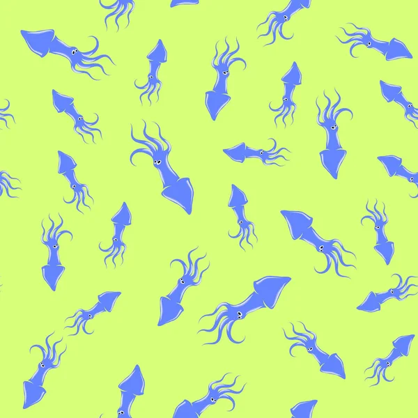Patrón sin costura de silueta de calamar europeo sobre fondo amarillo. Mariscos lindos. Animal bajo el agua. Monstruo marino — Archivo Imágenes Vectoriales