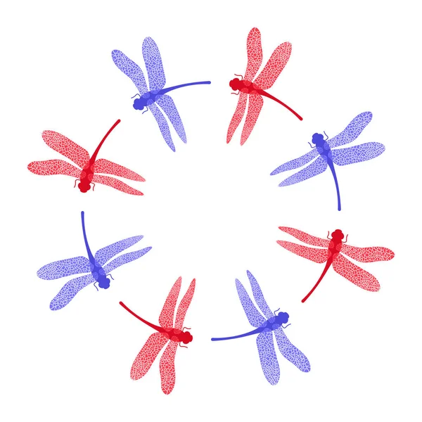 Μπλε Stilized κόκκινο μπλε Dragonfly πλαίσιο. Σχεδιασμός λογότυπου εντόμων. Aeschna Viridls — Διανυσματικό Αρχείο