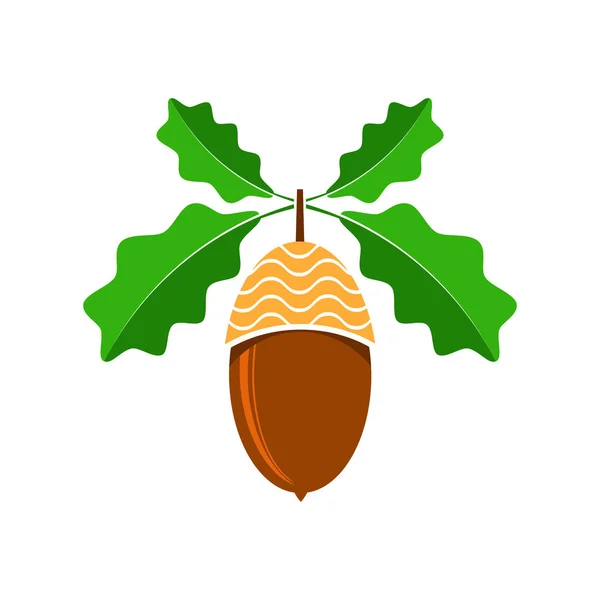 Ripe Acorn Icon. Autumn Oak Nut and Leaves Logo — Stock Vector