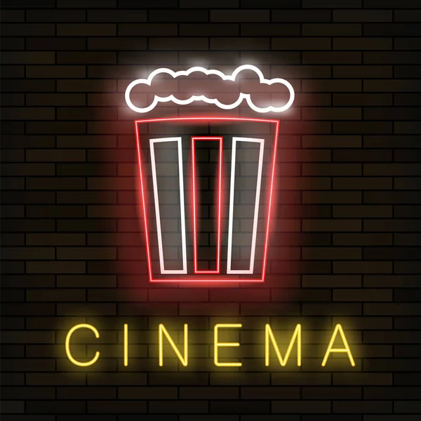 Cinéma Lumière Néon Sign on Brick Background. Panneau de couleur. Bannière lumineuse éclatante avec icône de maïs soufflé — Image vectorielle