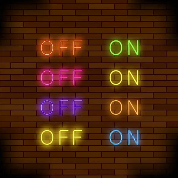 Açık ve kapalı lambası Neon ışık açma/kapatma düğmesi işareti. Renkli floresan düğmeler — Stok Vektör