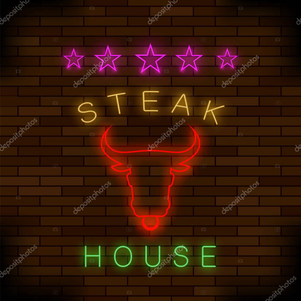 Steak House Neon Colorful Sign on Dark Brick Background