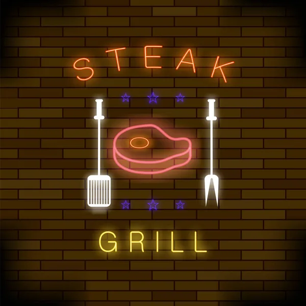 Steak Grill neonový barevný nápis — Stockový vektor