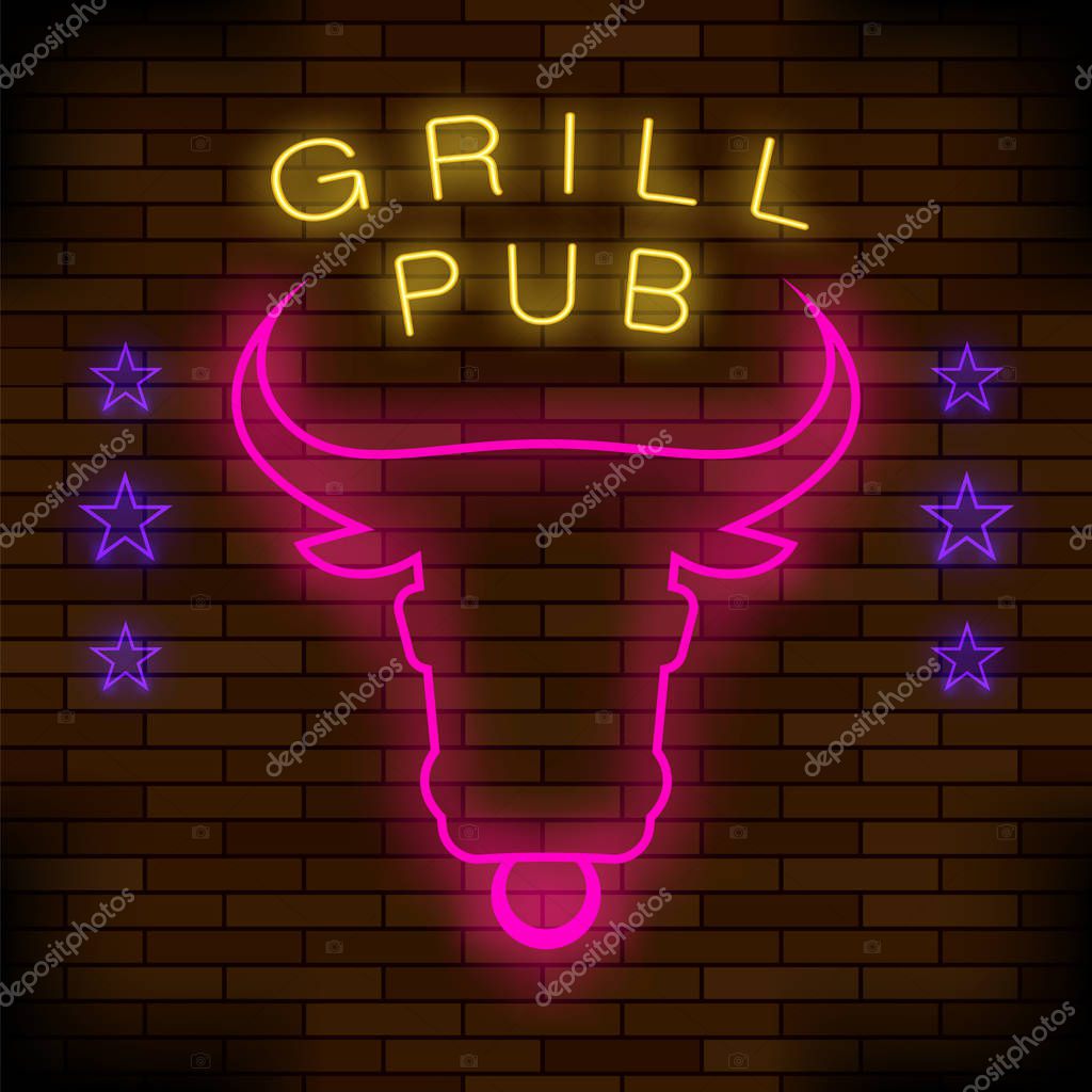 Grill Pub Neon Colorful Sign on Dark Brick Background. Night City Banner