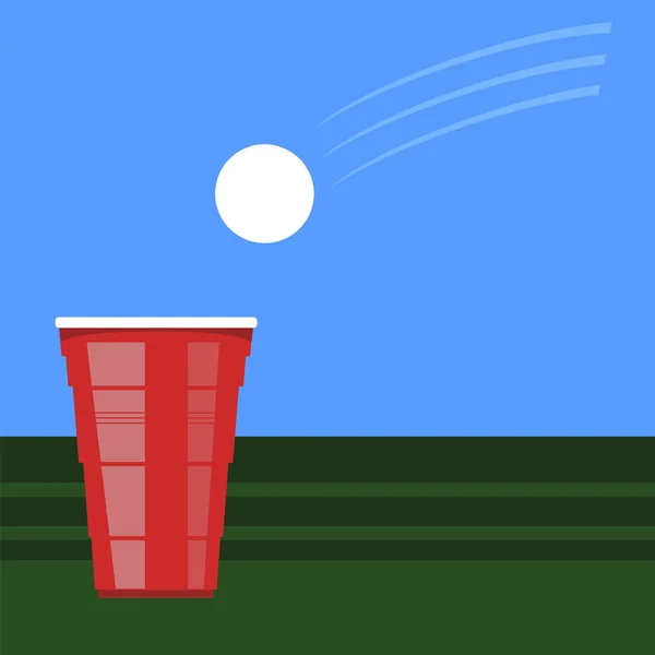 ビール卓球大会。赤いプラスチック カップと緑のテーブルに白いテニス ボール。パーティーのための楽しいゲーム — ストックベクタ