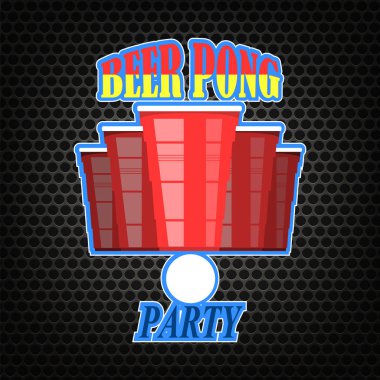 Bira Pong turnuva. Kırmızı plastik kap ve delikli arka plan üzerinde beyaz tenis topu