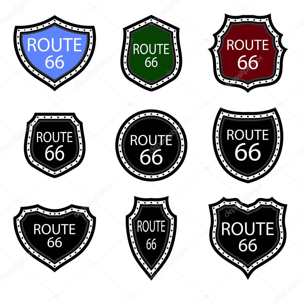 United States Numdered Sign 66 Route. Highway Emblems Collection. Travel USA Labels.