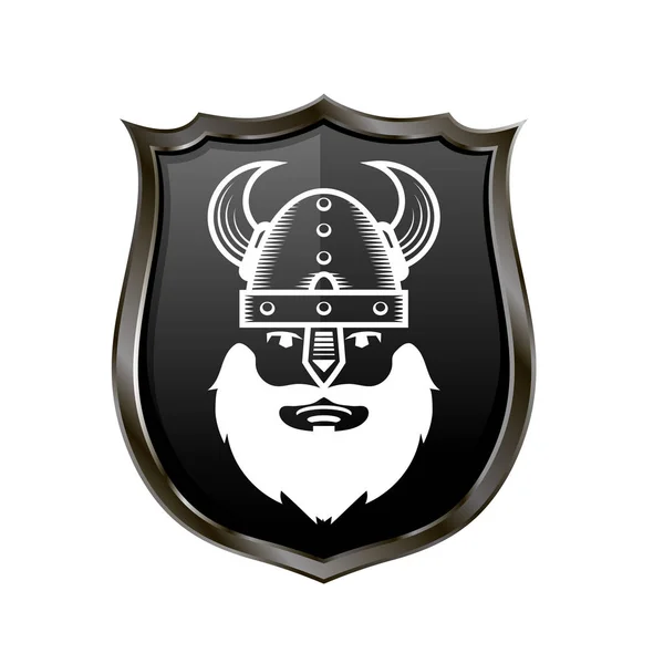 Viking Warrior Head Icon on Metal Shield — Stock Vector