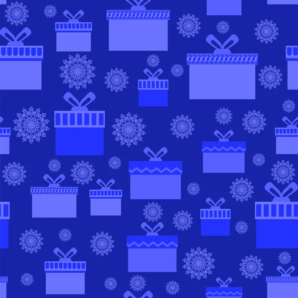 Mavi farklı kutular ve kar taneleri ile Noel sorunsuz kağıt ambalaj — Stok Vektör
