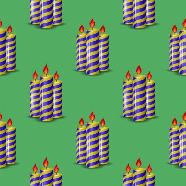 Mavi sarı balmumu Seamless modeli üzerinde yeşil arka plan izole mumlar. Yanan mumlar Set.