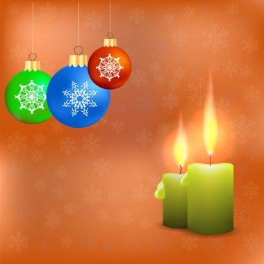 Mumlar ve turuncu kar taneleri arka plan üzerinde izole renkli cam toplar. Kış desen.