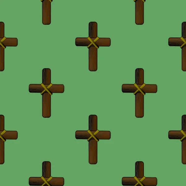 Дерев Яний Хрест Ізольований Зеленому Тлі Безшовний Візерунок — стокове фото