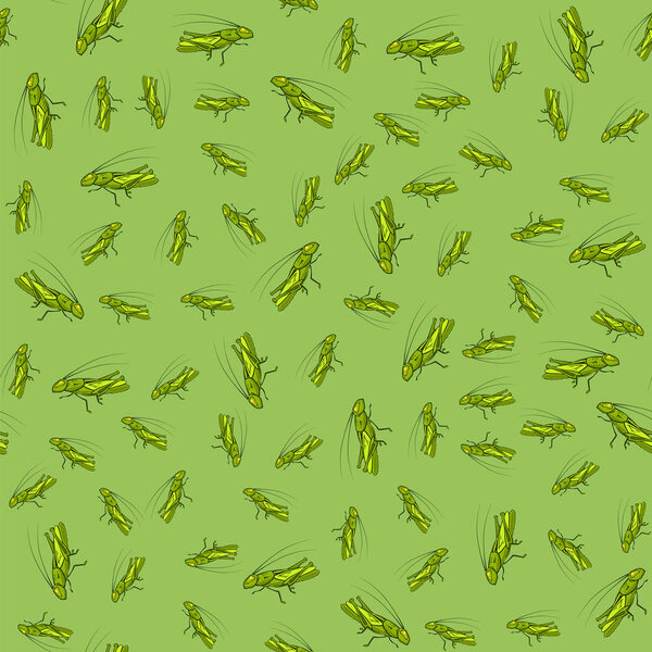 Green Cartoon Grasshoppers Seamless Pattern on Summer Background.