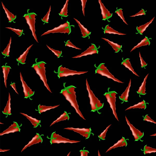 红辣椒在黑色背景上的无缝模式 — 图库照片