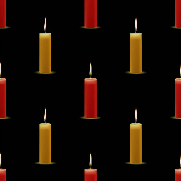 黄色红色蜡燃烧蜡烛在黑色背景上的无缝模式 — 图库照片