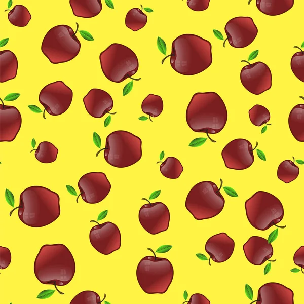 Röda Äpplen Med Grön Lämnar Sömlösa Mönster Gul Bakgrund — Stockfoto