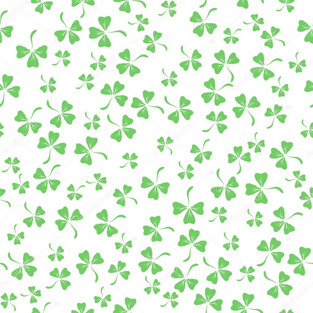 Natural Chamrock Seamless Texture. Cartoon Clover Leaves Isolated on White Background. Patricks Day Banner