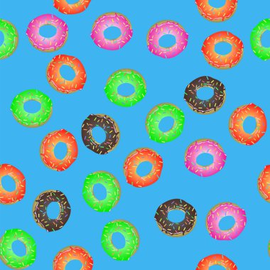 Mavi arka plan üzerinde renkli taze tatlı çörek Seamless modeli. Delicios lezzetli sırlı çörek. Krem lezzetli Kurabiye.