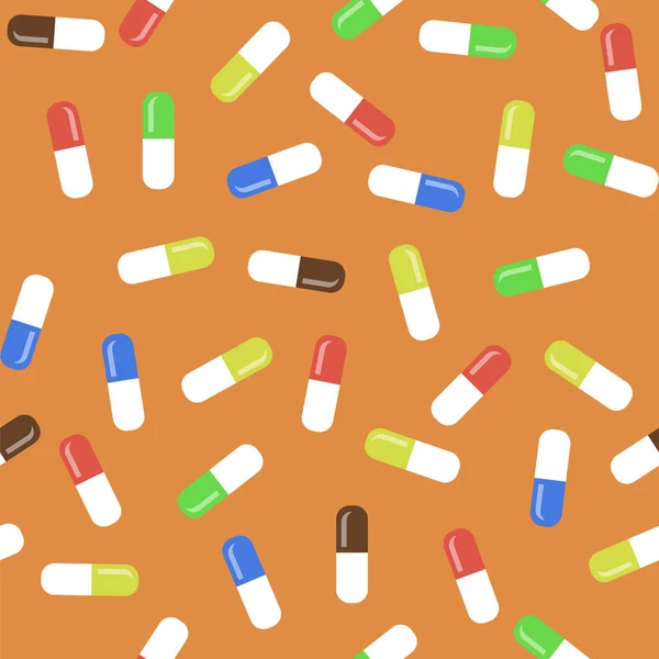Gekleurde Pillen Geïsoleerd Een Oranje Achtergrond Naadloze Medische Patroon — Stockfoto