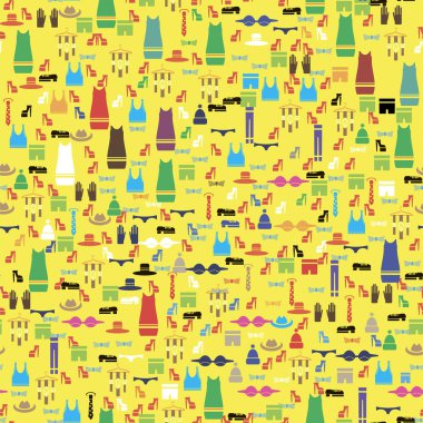 Farklı giysi izole sarı arka plan üzerinde renkli siluetleri. Seamless modeli