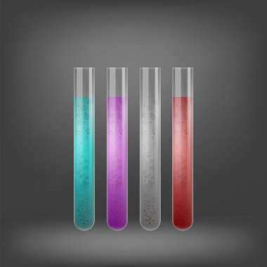 Kimyasal Test tüpü seti üzerinde gri arka plan bulanık renkli sıvı ile