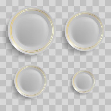 Gri damalı arka plan üzerinde izole seramik kaplamalar kümesi. Üstten Görünüm