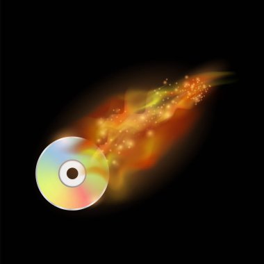 Dijital kompakt disk ateş ve alev ile koyu arka plan üzerine yazma