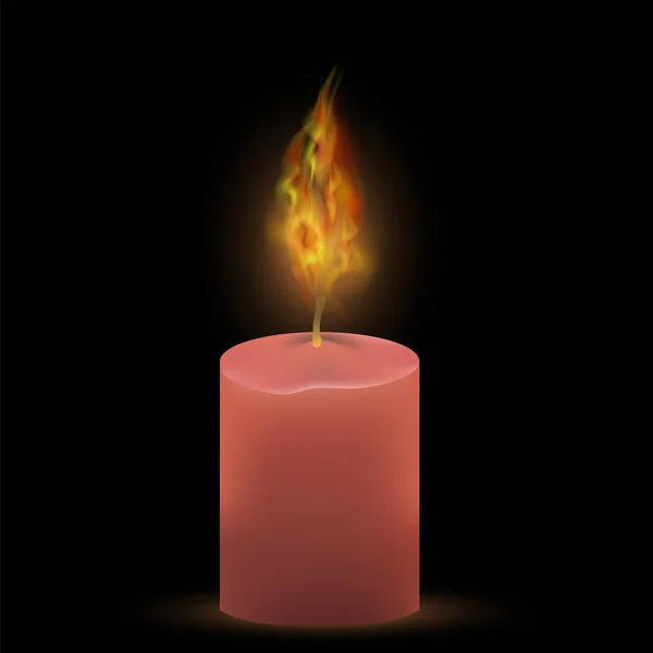 Egy Rózsaszín Gyertya Elszigetelt Fekete Háttér Előtt Égő Világos Tűz — Stock Fotó