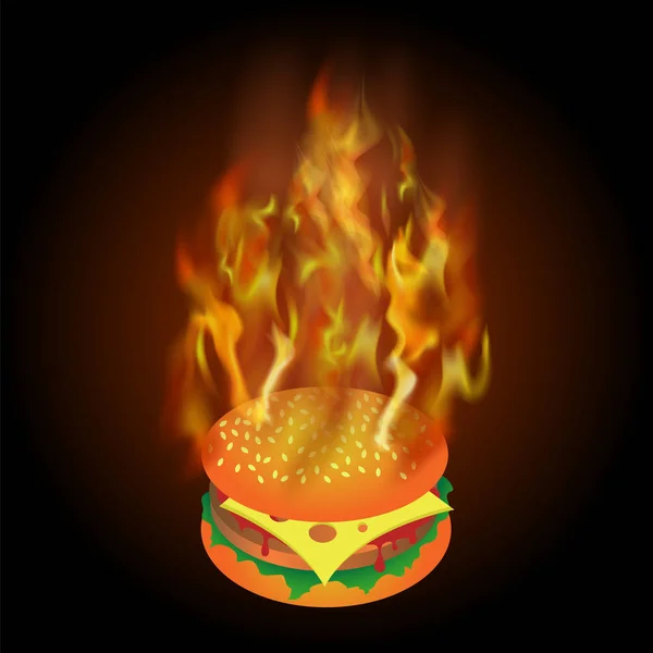 Brennen Frischer Hamburger Mit Feuerflamme Isoliert Auf Schwarzem Hintergrund — Stockfoto