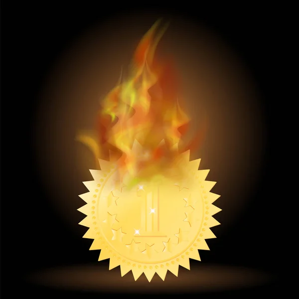 Altın Madalya Simge Siyah Arka Plan Üzerine Izole Alev Ateş — Stok fotoğraf