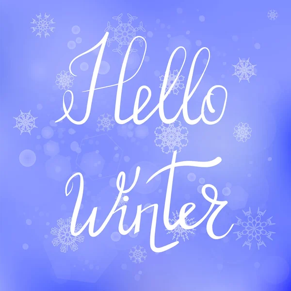 Hallo Winter Typografische Poster Hand Getekende Zin Belettering Blauwe Hemelachtergrond — Stockfoto