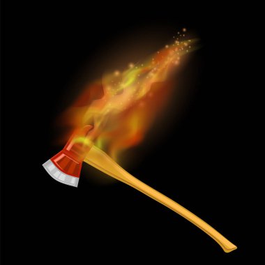 Siyah arka plan üzerine izole alev ateş etmek ile yanan itfaiyeci balta simgesi