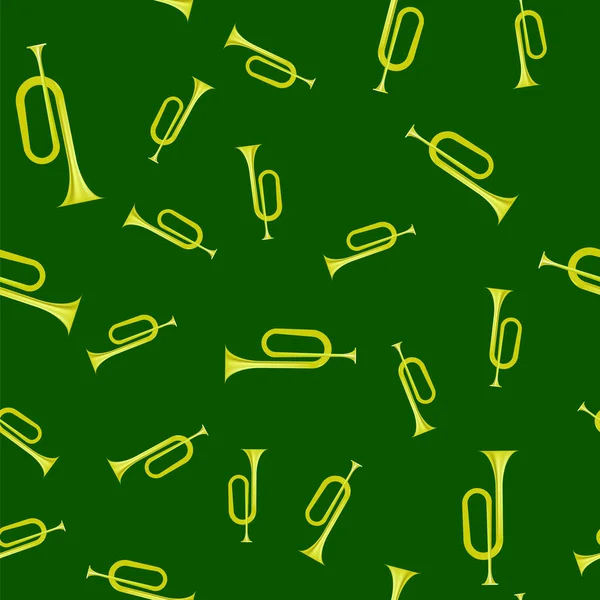 Жовтий Ріг Безшовний Візерунок Ізольований Зеленому Тлі Вітровий Музичний Інструмент — стокове фото