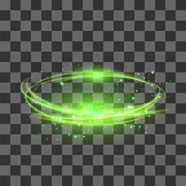 Transparent Light Effect Isolated on Checkered Background. Green Lightning Flafe Design. Gold Glowing Stars. Abstract Ellipse with Circular Lens. Fire Ring Trace clipart