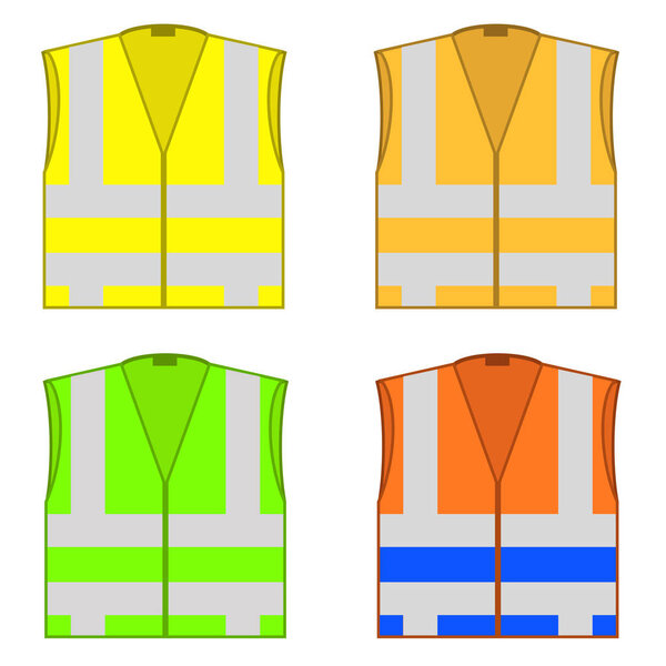 Набор разноцветных курток безопасности, изолированных на белом фоне. Охрана рабочей одежды для работы. Дорожные жилеты с полосками. Профессиональная одежда высокой видимости
