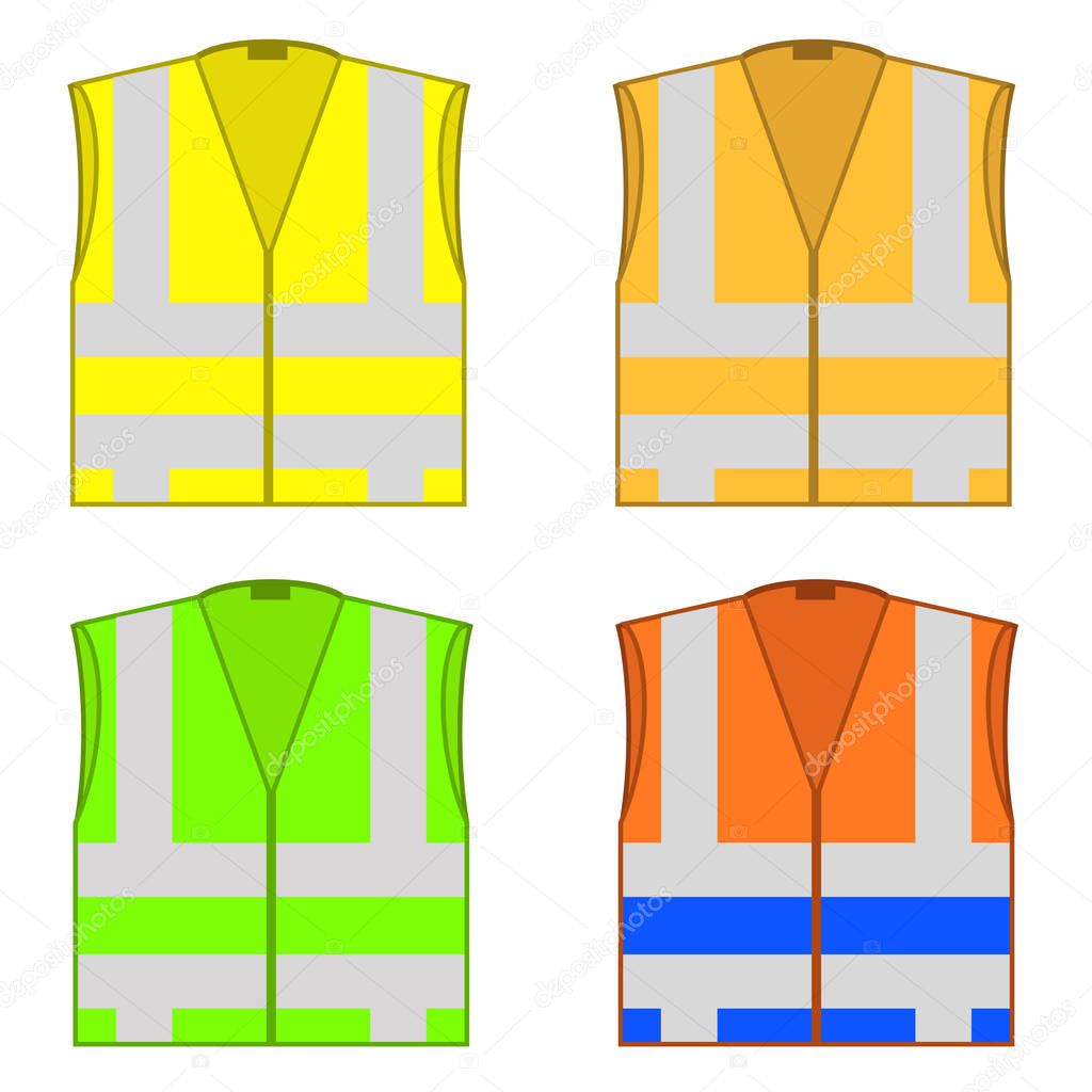 Set of Colorful Safety Jackets Isolated on White Background. Protective Workwear for Work. Road Vests with Stripes. Professional High-visibility Clothes