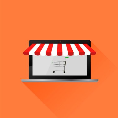 Kırmızı beyaz çadır. Laptop üzerinde turuncu arka plan izole çizgili tente simgesini açın. Online alışveriş