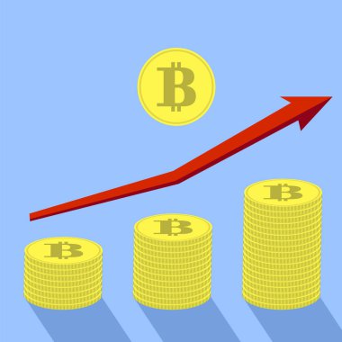 Altın Bitcoin simgesi ve mavi arka plan üzerinde izole kırmızı ok
