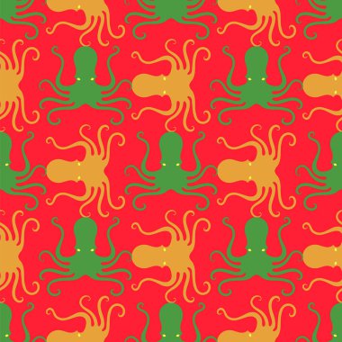 Renkli ahtapot simgesi Seamless modeli kırmızı zemin üzerine izole. Radar tasarım dokulu. Deniz gıda şablonu.
