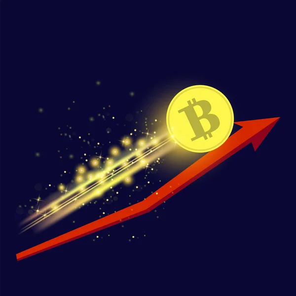 Gold Bitcoin Symbol Und Roter Pfeil Isoliert Auf Blauem Hintergrund — Stockfoto