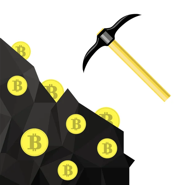 Golden Bitcoin White Background Crypto Currency Mining Coins Pickaxes — Stock Photo, Image