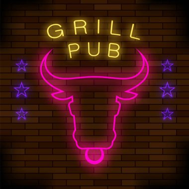 Pub Neon renkli işareti karanlık tuğla zemin üzerine ızgara. Gece şehir afiş