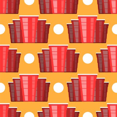 Bira Pong Turnuvası. Turuncu Arkaplanda Kırmızı Plastik Kupa ve Beyaz Tenis Topu. Parti için eğlenceli bir oyun. Geleneksel İçme Zamanı.