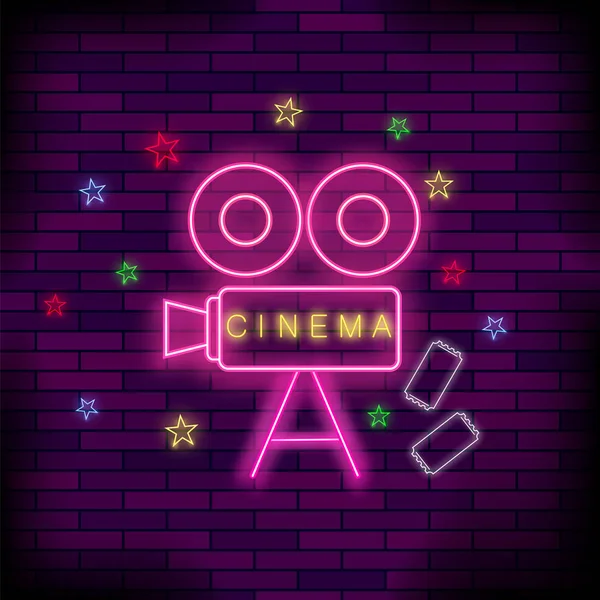 Cinema Light Neon Sign Brick Background Colored Signboard Bright Street — Stock Photo, Image