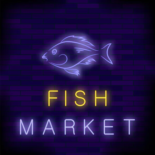 Colorful Neon Fish Market Sign on Brick Wall Background.