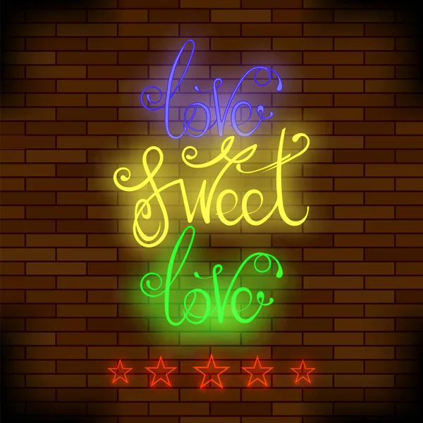 Vintage Kleurrijke Neon Lettering Romantische Liefde Offerte Ontwerp Baksteen Achtergrond — Stockfoto