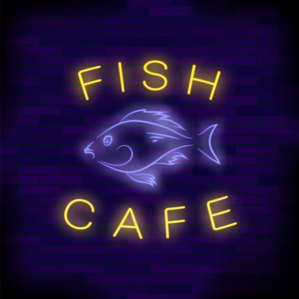 Colorful Neon Fish Cafe Sign on Brick Wall Background.